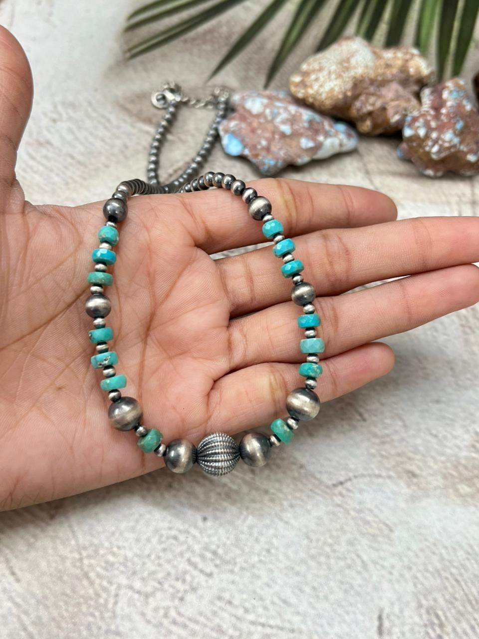 Handmade Sterling Silver with Kingman Turquoise Necklace with Signed Nizhoni